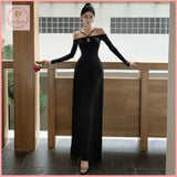 HB5255 Women's hollow neck long-sleeved dress high waist A-line skirt slim drape long skirt