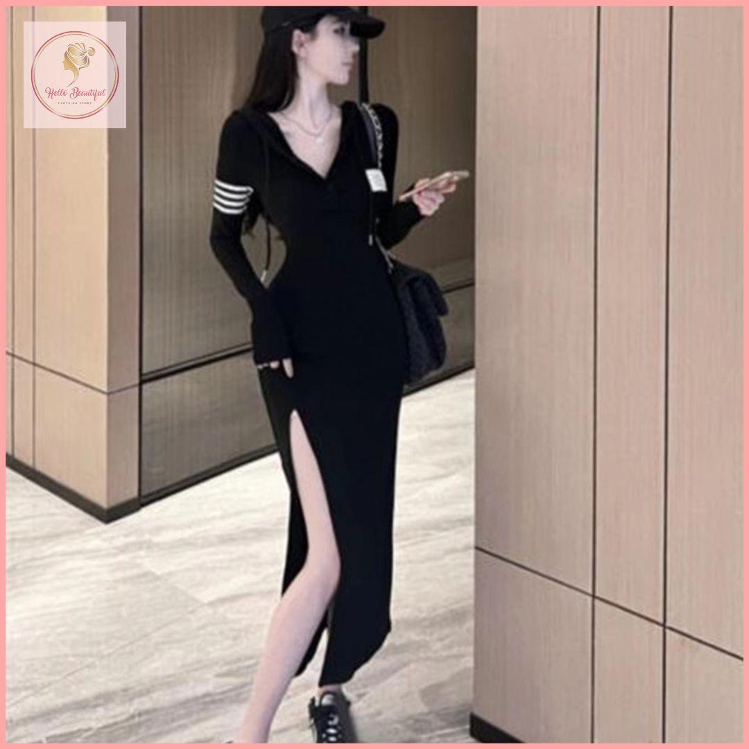 HB5237 Women's Black v-neck hooded slit dress slim fit medium long skirt