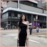 HB5507 Women's black dress summer new slit mid-length skirt