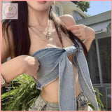 HB5577 Women's denim halter neck tube top female summer niche retro blue short bow backless outer wear