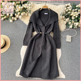 HB4674 Women's Autumn and winter lazy style sweater coat loose mid-length lapel twisted cardigan shawl waist versatile knitted sweater