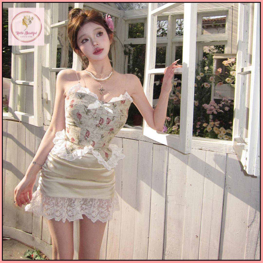 HB5511 Women's Retro floral suspender dress summer waist hip skirt lace bow short skirt