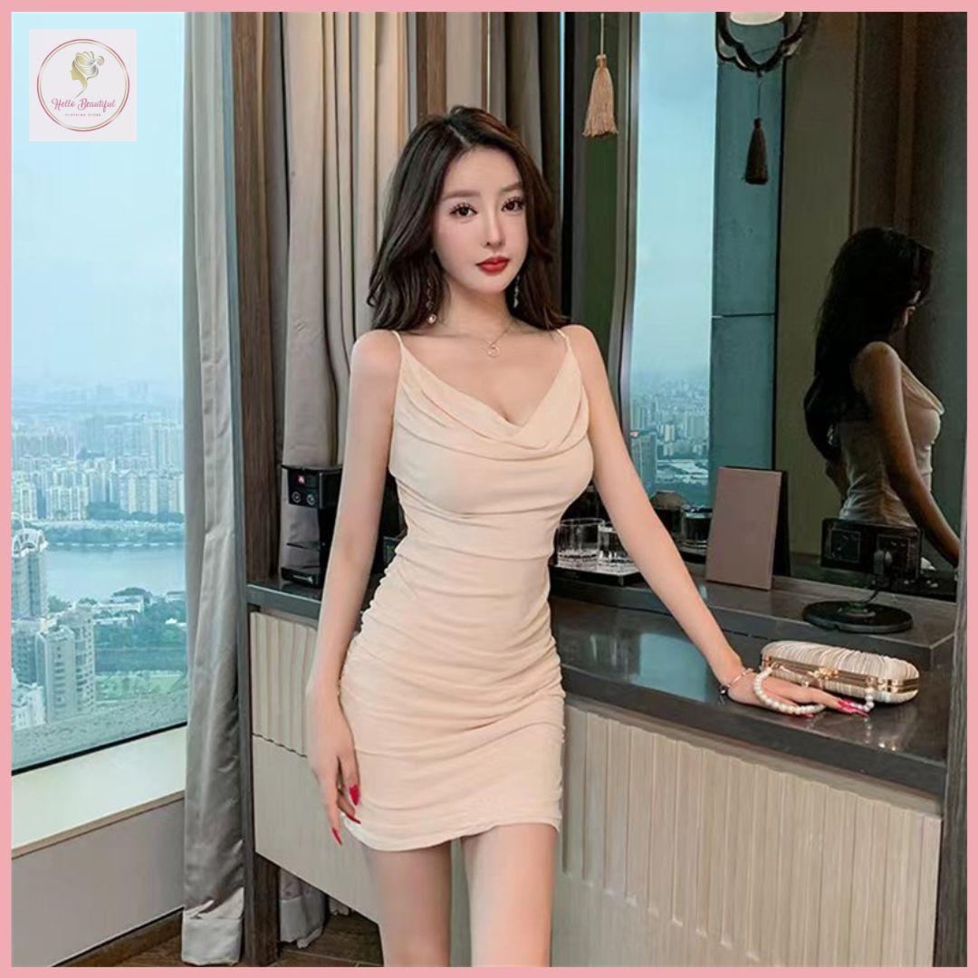 HB4392 Women dress Summer fashionable and sexy collar waist short mesh hip-covering pleated suspender dress