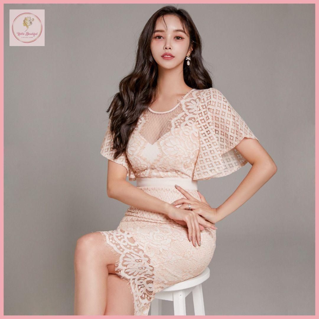 HB440 Women's dress 2024 new temperament mesh fitted dress hip dress celebrity trumpet sleeve high waist splicing Elegant dress