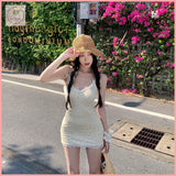 HB5589 Women's bow lace floral suspender dress summer gentle apricot short skirt hip skirt