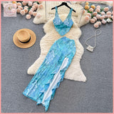 HB5179 Women's Beach Vacation Floral Suit Summer Suspender Tube Top Vest + High Waist Ruffled Slit Maxi Skirt