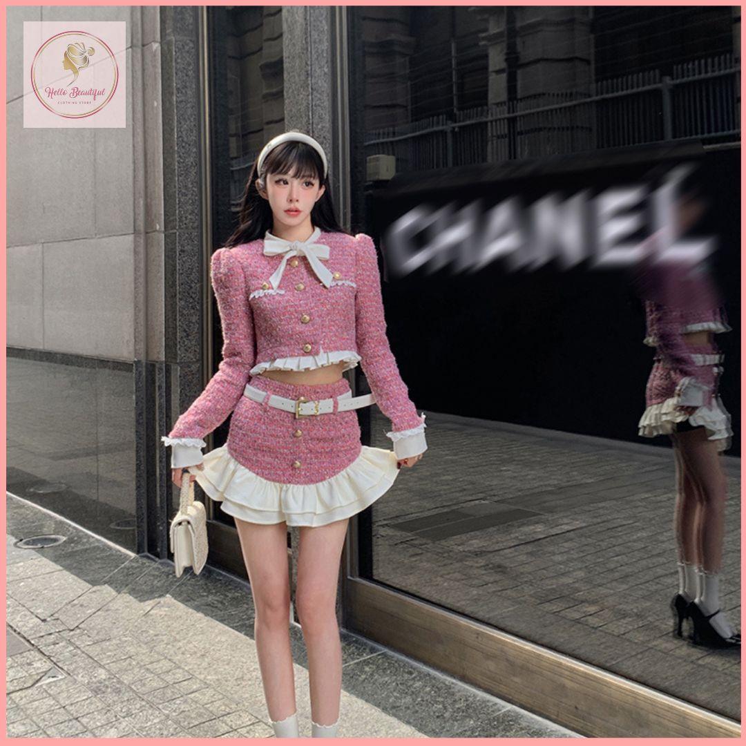 HB5053 Women's style suit, feminine ladylike bow, long-sleeved short coat top, spring and summer A-line short skirt two-piece set