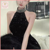 HB5496 Women's halter neck backless sequined velvet dress high-end hip-wrapped banquet small dress