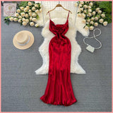 HB5418 Women's dress Retro suspenders red acetate sexy swing collar suspenders long skirt fashionable fitted waist hip dress