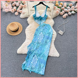 HB5179 Women's Beach Vacation Floral Suit Summer Suspender Tube Top Vest + High Waist Ruffled Slit Maxi Skirt