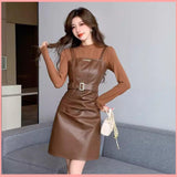 HB5417 Women's leather skirt dress set two-piece suit high waist