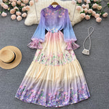 Retro Waist Pleated ruffles dress- Scarf collar flared sleeves