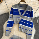 Three piece set Spring V-neck Striped Knitted Cardigan + Tube top + Skirt