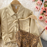 Casual Drawstring Pleated Short Jacket + Leopard Print Dress - Two piece (set)