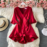 V-neck Waist Tie Irregular Ruffled Wide Leg Romper Short