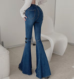 New Design High Waist Straight Micro Flared Long  Pants Slit Jeans