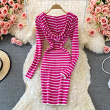 Hooded Striped Knitted Women Long-sleeved Dress