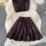 Retro Plaid New V-neck Sling Crop top + High Waist Short Skirt (set)