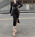 High-Quality Suit Skirt - Slim Blazer + High Waist Slit Skirt