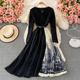 V-neck Long sleeved Ink Painting Stitching Pleated Long Skirt