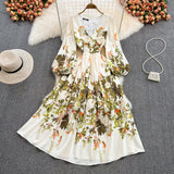 High-end V-neck Floral Printed High Waisted Long Skirt