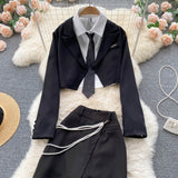 Polo collar Top Long-sleeved Blazer - Slit Skirt  Three piece (set)