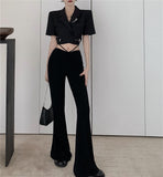 High Quality Short Blazer + High Waisted Drawstring Micro-Flared Pants