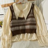 Loose Doll Collar Long-sleeved Shirt & Plaid Knitted Vest