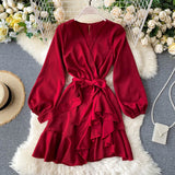 New Long-sleeved V-neck Wrap around dress