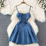 Korean Style New Strap Waist Sleeveless Sexy Denim Suspenders Dress