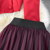 Fashion Suit British Style Short Puff Sleeve Blazer + High Waist Mid length Pleated Skirt