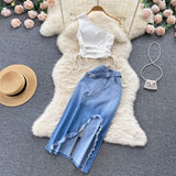 Smocked Lace Slanted Shoulder Vest Irregular Edge Slit Denim Skirt set