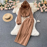 Women's Waist Tie Hooded Short Sweater High Waist Slit Skirt Two piece (set)