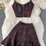 Retro Plaid New V-neck Sling Crop top + High Waist Short Skirt (set)