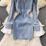 Retro Chic  Sexy Long-sleeve Denim Round-neck Dress