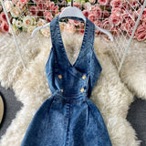 High Waist Loose Straight Wide Leg Sexy Backless Halter Neck Denim Jumpsuit