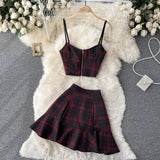 Retro Plaid New V-neck Sling Crop top + High Waist Short Skirt (set)