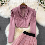 Fashion Suit British Style Short Puff Sleeve Blazer + High Waist Mid length Pleated Skirt