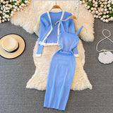 Two Piece Long-sleeved Knitted Top Shawl Cardigan Tight Fitting Dress