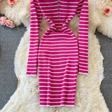 Hooded Striped Knitted Women Long-sleeved Dress