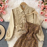 Casual Drawstring Pleated Short Jacket + Leopard Print Dress - Two piece (set)