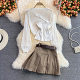 Long Sleeve Knitted Blouse Slanted Shoulder Camisole + Hight Waist Pleated Skirt