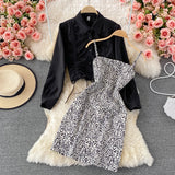 Casual Drawstring Pleated Short Jacket + Leopard Print Dress - Two piece (set)