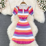 New Polo collar Slim Fit Striped Knitted Dress