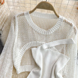 Long Sleeve Knitted Blouse Slanted Shoulder Camisole + Hight Waist Pleated Skirt