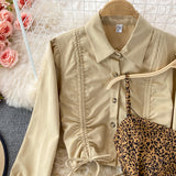 Casual Drawstring Pleated Short Jacket + Leopard Print Dress - Two piece (set)