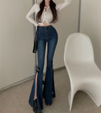 New Design High Waist Straight Micro Flared Long  Pants Slit Jeans