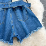 Denim Overalls Women High Waist Suspender Wide Leg Shorts