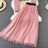 Fashion Suit British Style Short Puff Sleeve Blazer + High Waist Mid length Pleated Skirt