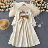 Chic High Waist Thin Striped Midi Length Doll Collar Dress